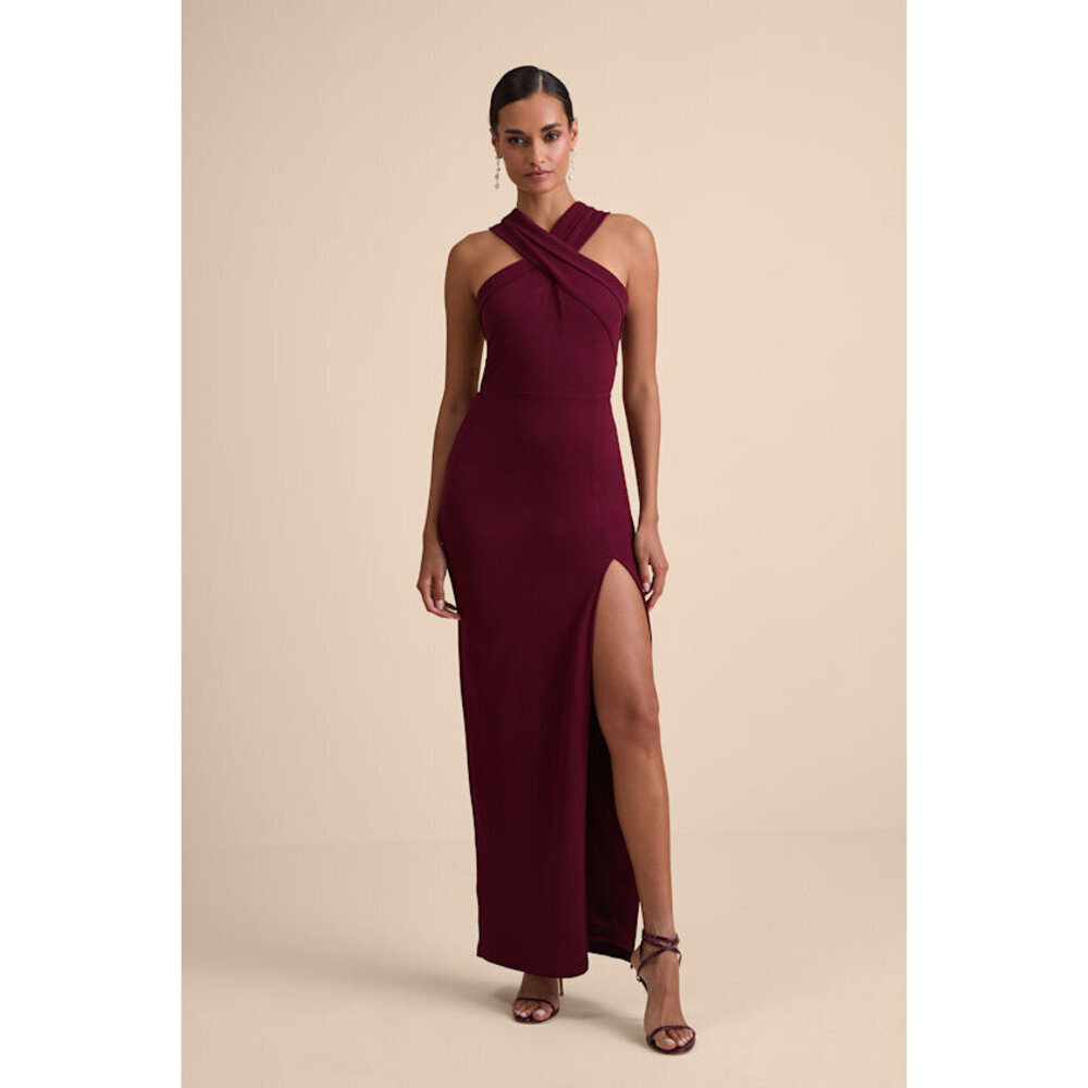 Lulus Head To Cocktail Hour Burgundy Halter Neck Maxi Dress Red - Size M